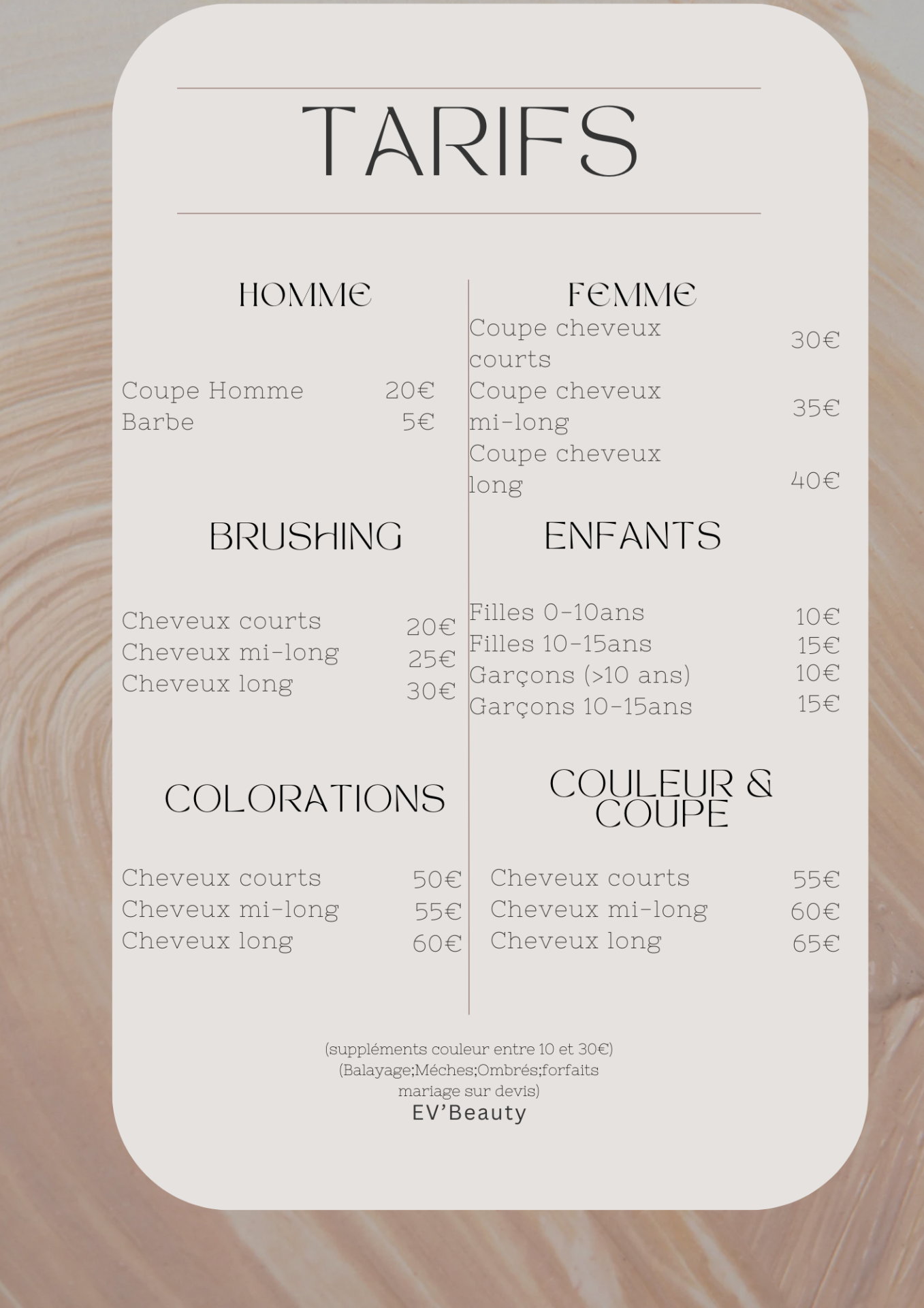 Tarifs coiffure